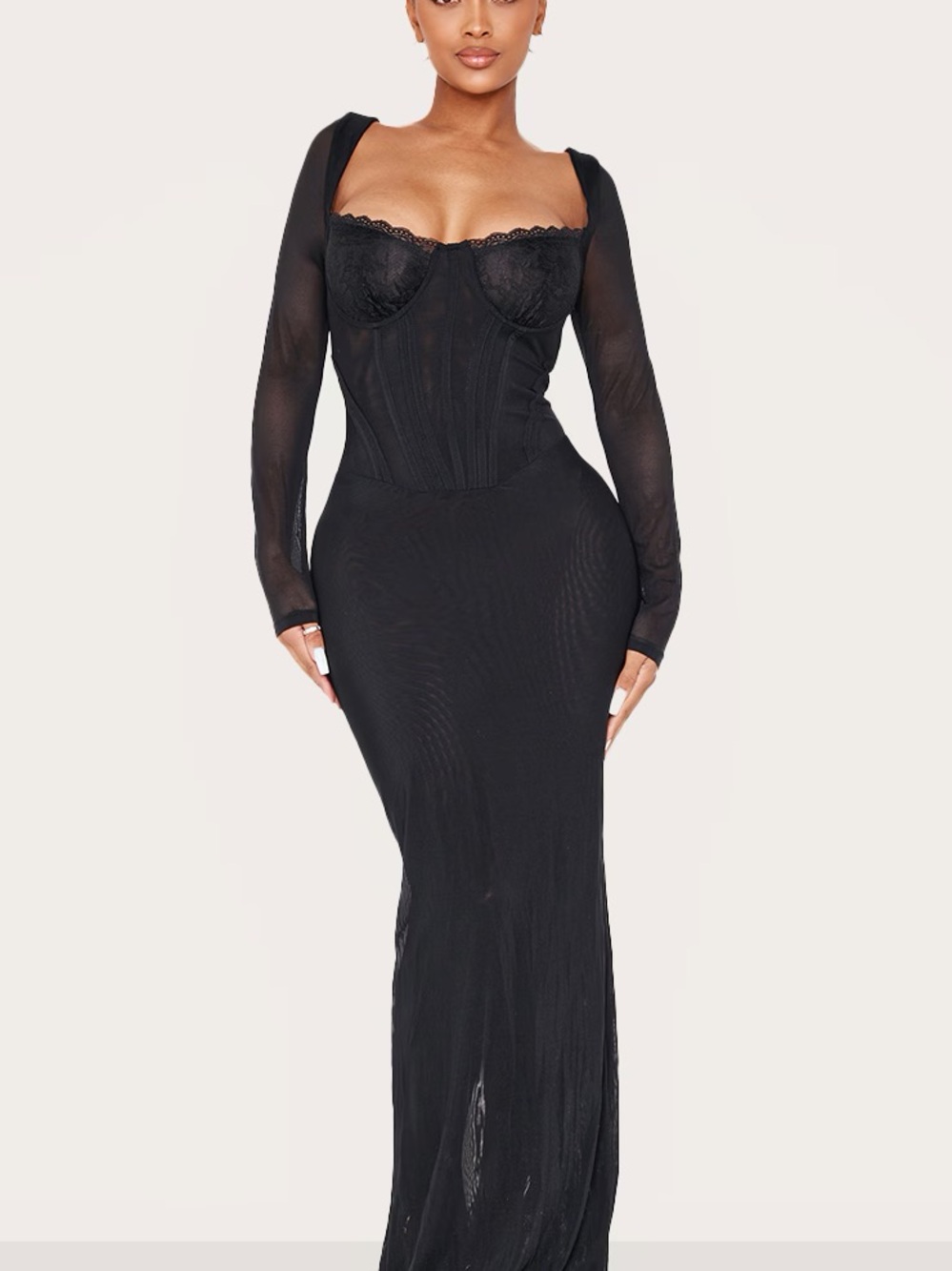 PrettyLittleThing Black Long Sleeve Corset Maxi Dress